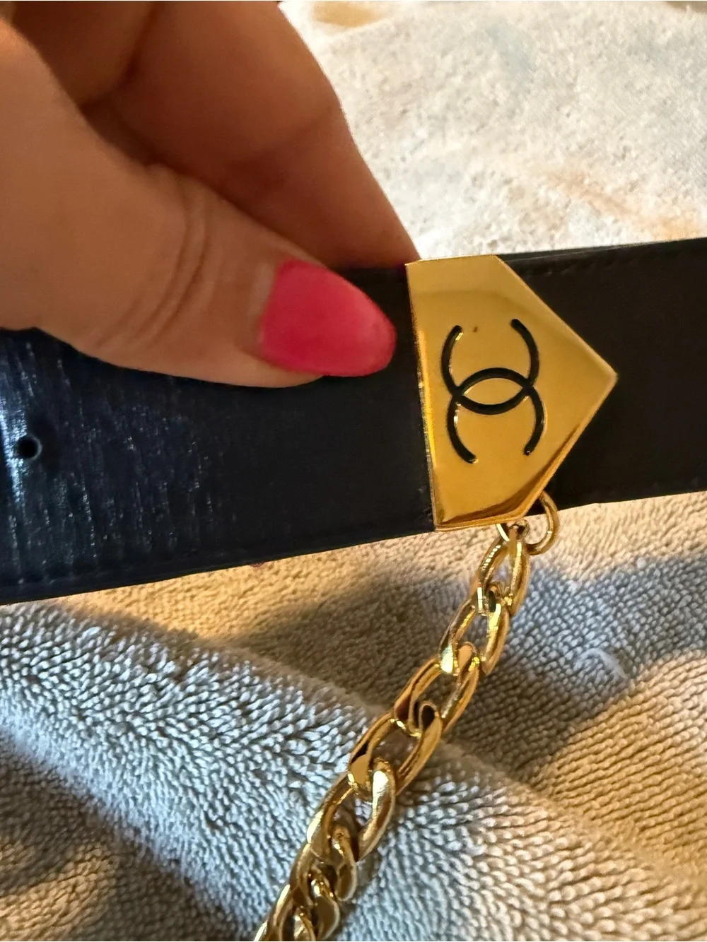 Chanel Vintage drop chain leather belt w/ 24karat plated medallion coin